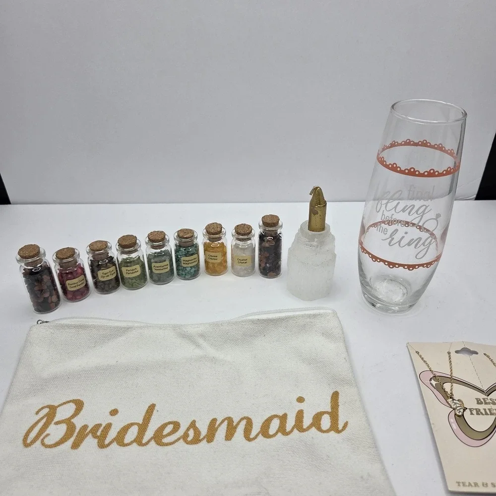 Bridesmaid Bachelorette Gift Set Crystals Jewelry Pouch Wine Glass Candle